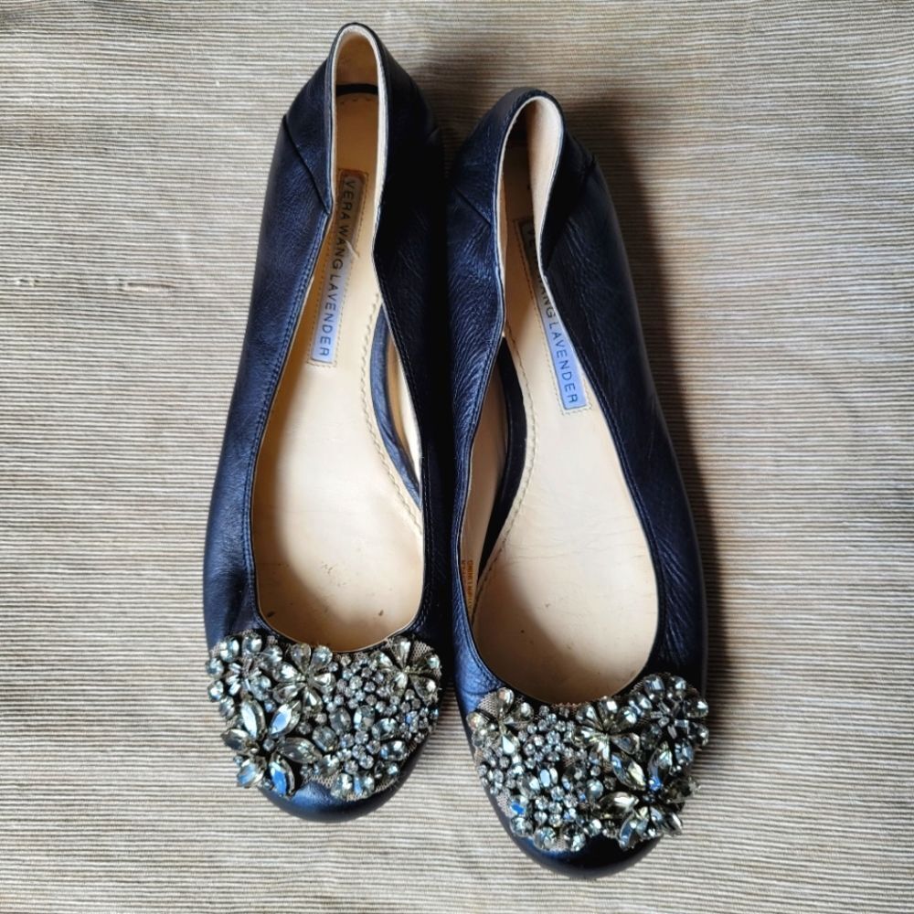 VERA WANG LAVENDER Black Leater Ballet Flats Crystal Embellished sz 6